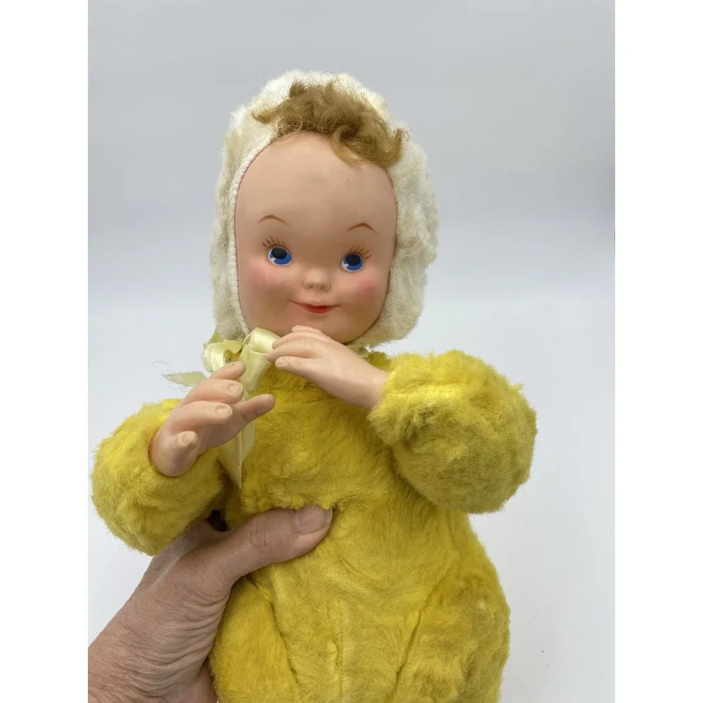 Vintage Rubber Sweet Face Baby Doll Yellow‎ Suit Brown Hair Moving Arms Rushton?